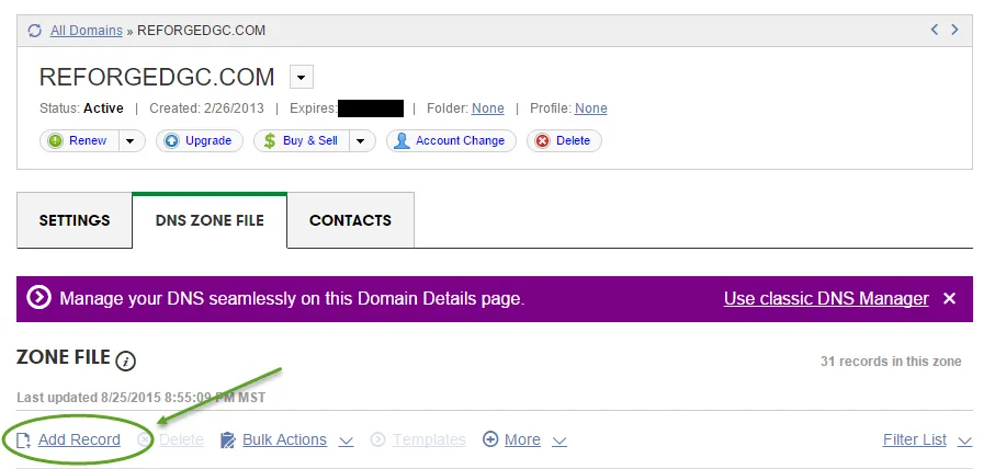 GoDaddy Add Record interface